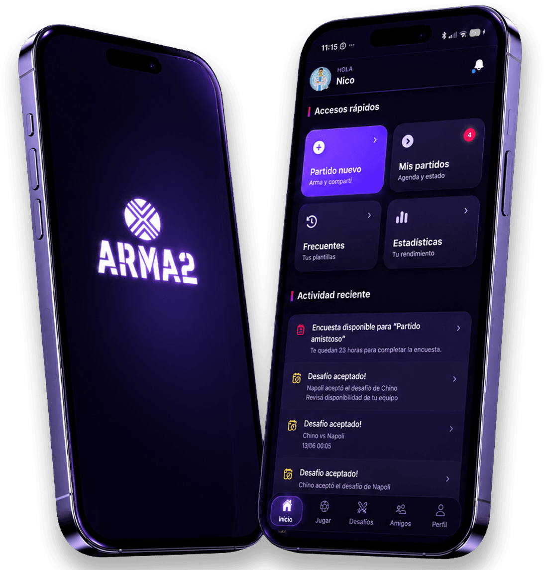 Arma2 app en celulares mostrando el inicio y la actividad reciente